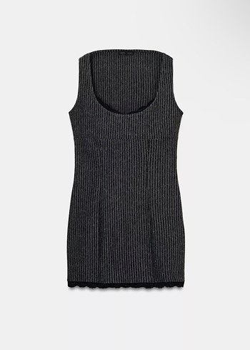 Dantel Detaylı Siyah Çizgili Midi Elbise - Görsel 2