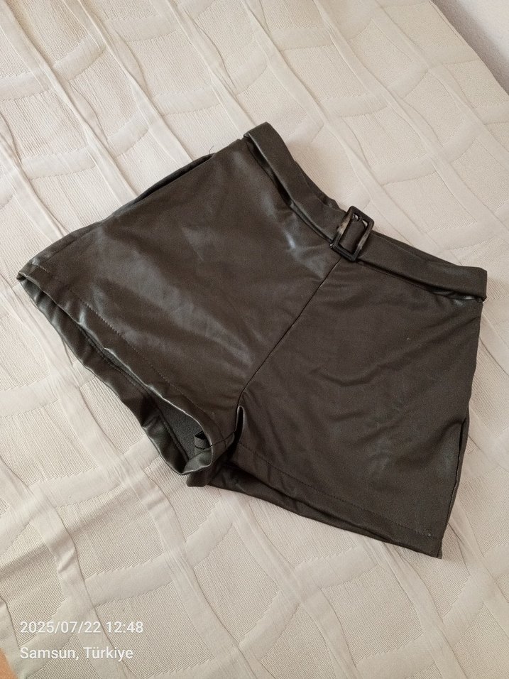 Kahverengi Deri Mini Şort - Görsel 2