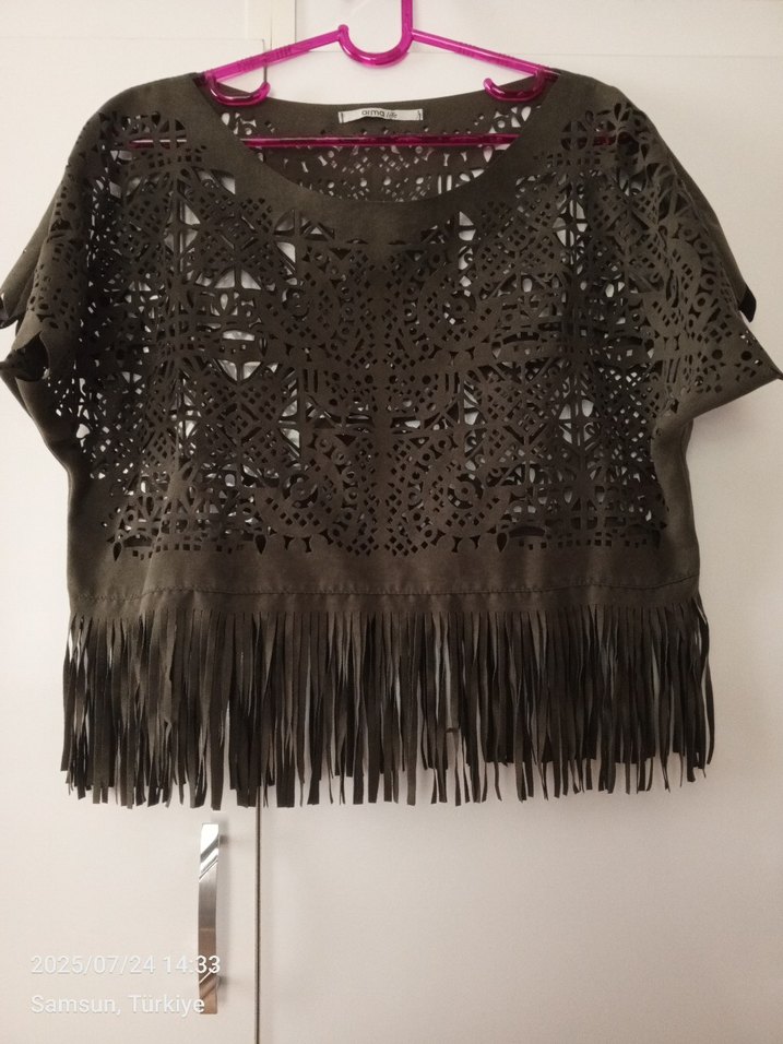 Püsküllü haki  Süet Bohem Bluz - Görsel 4