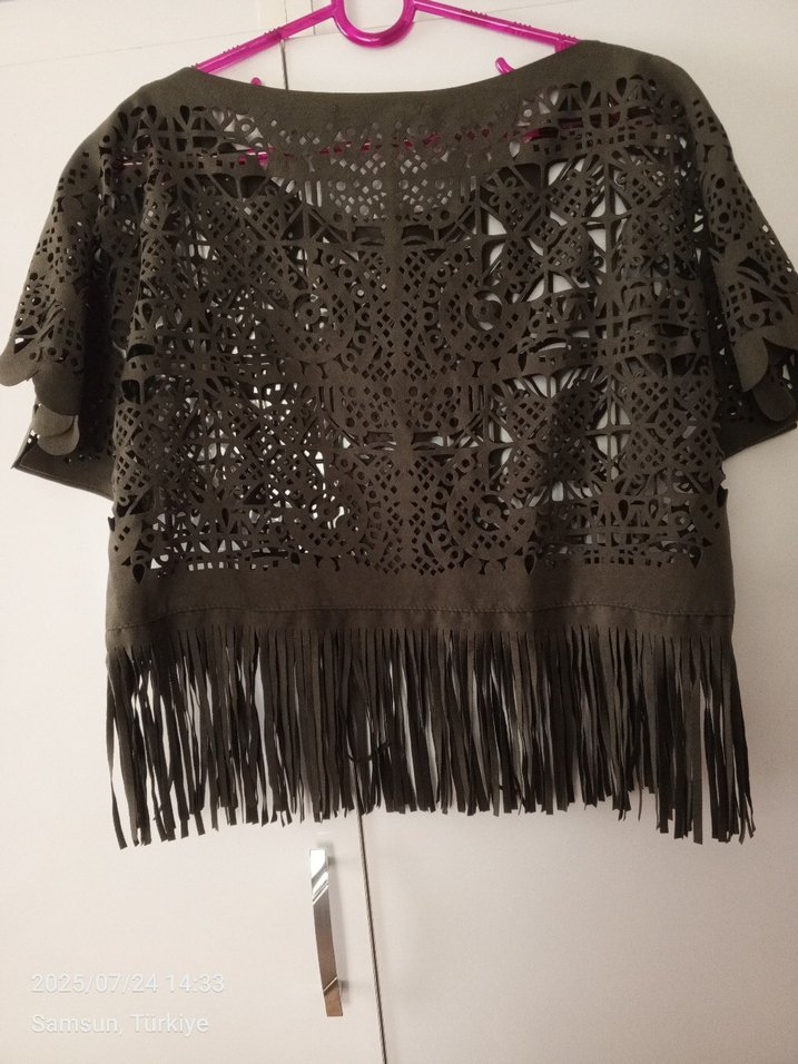 Püsküllü haki  Süet Bohem Bluz - Görsel 3