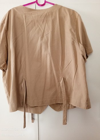 Bej Keten Kısa Kol Mini Gömlek - Görsel 3