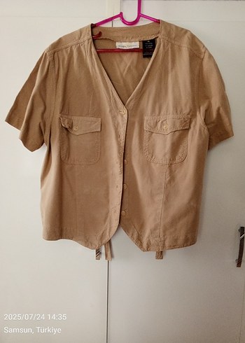 Bej Keten Kısa Kol Mini Gömlek - Görsel 4