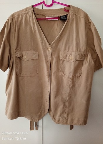 Bej Keten Kısa Kol Mini Gömlek - Görsel 2