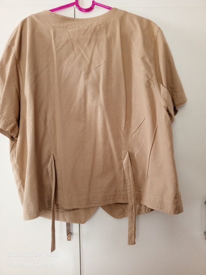 Bej Keten Kısa Kol Mini Gömlek - Görsel 3