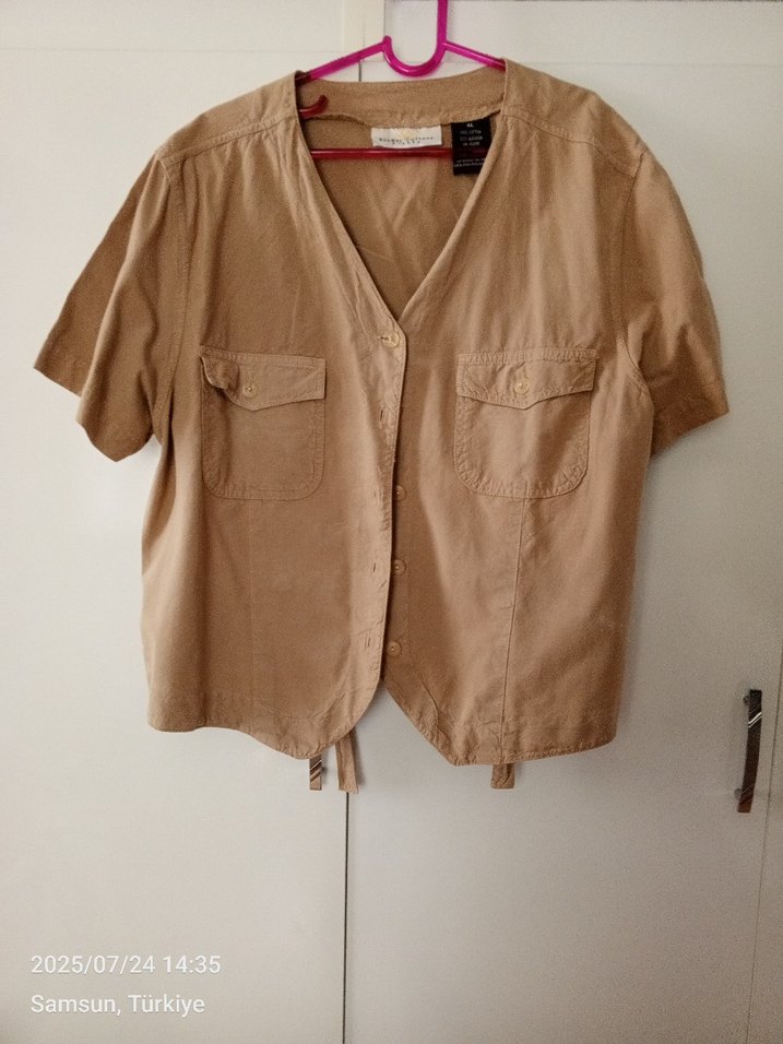 Bej Keten Kısa Kol Mini Gömlek - Görsel 4