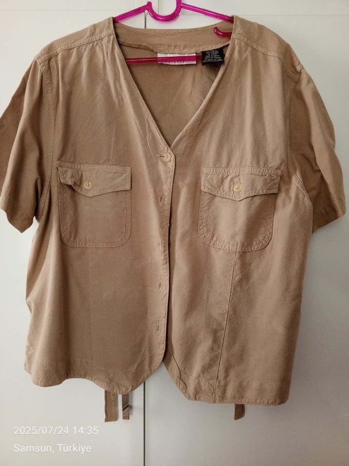 Bej Keten Kısa Kol Mini Gömlek - Görsel 2
