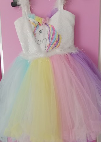 Kız Çocuk Tüy Detaylı Çok Renkli Unicorn Elbise