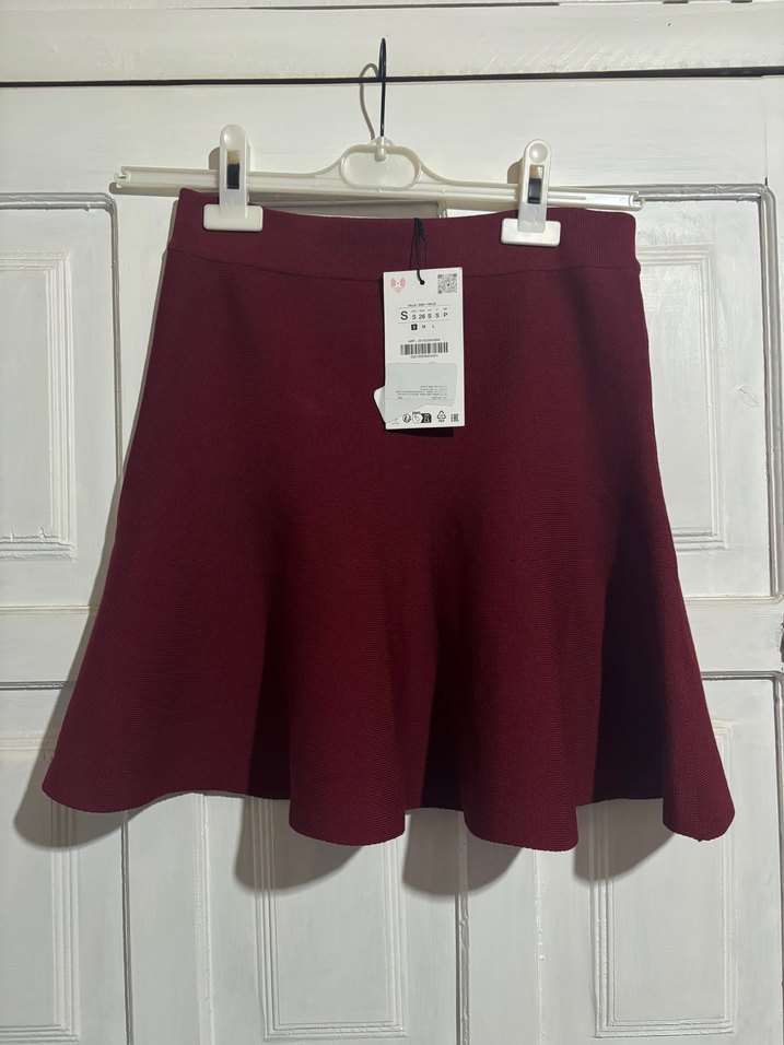 Zara Bordo Triko Mini Etek - Görsel 2