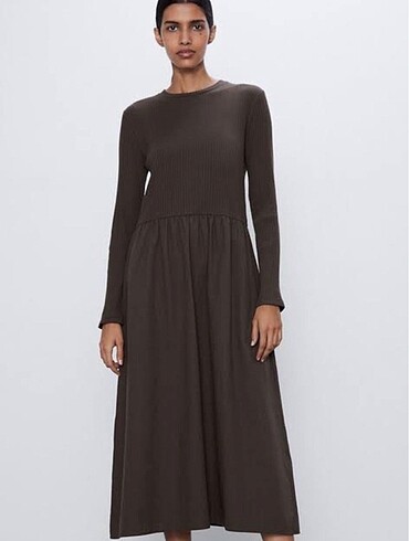 Zara Kahverengi Midi Elbise