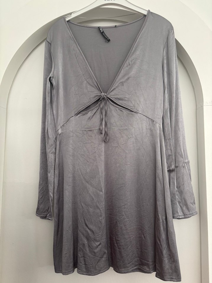 Zara Gri Saten Mini Elbise - Görsel 3