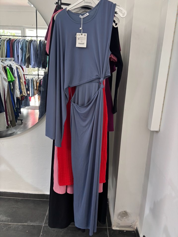 Zara Mavi Drapeli Cut-Out Elbise - Görsel 3