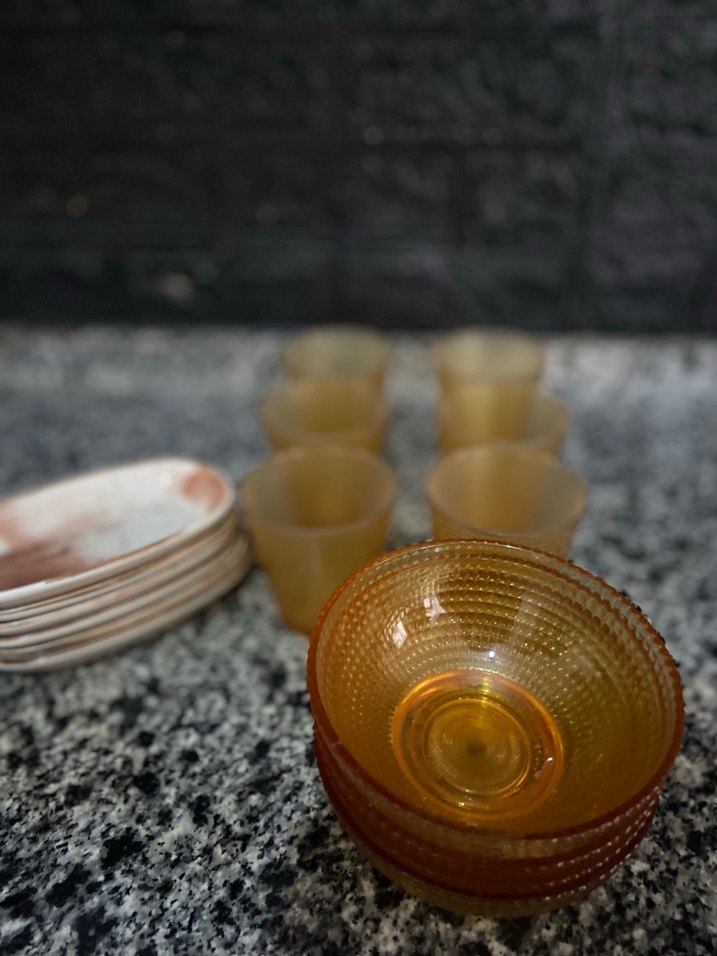 Bej Renkli Küçük Cam Kase ve Bardak Seti - Görsel 2