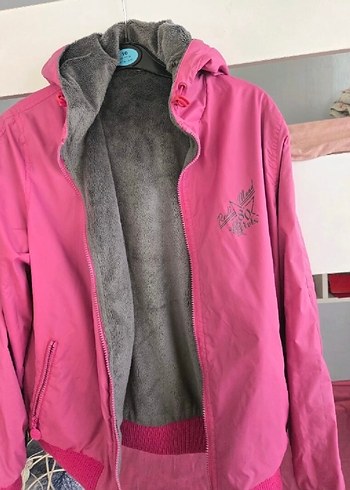 Gri içi pembe kapüşonlu çift taraflı kadın ceket - Görsel 2