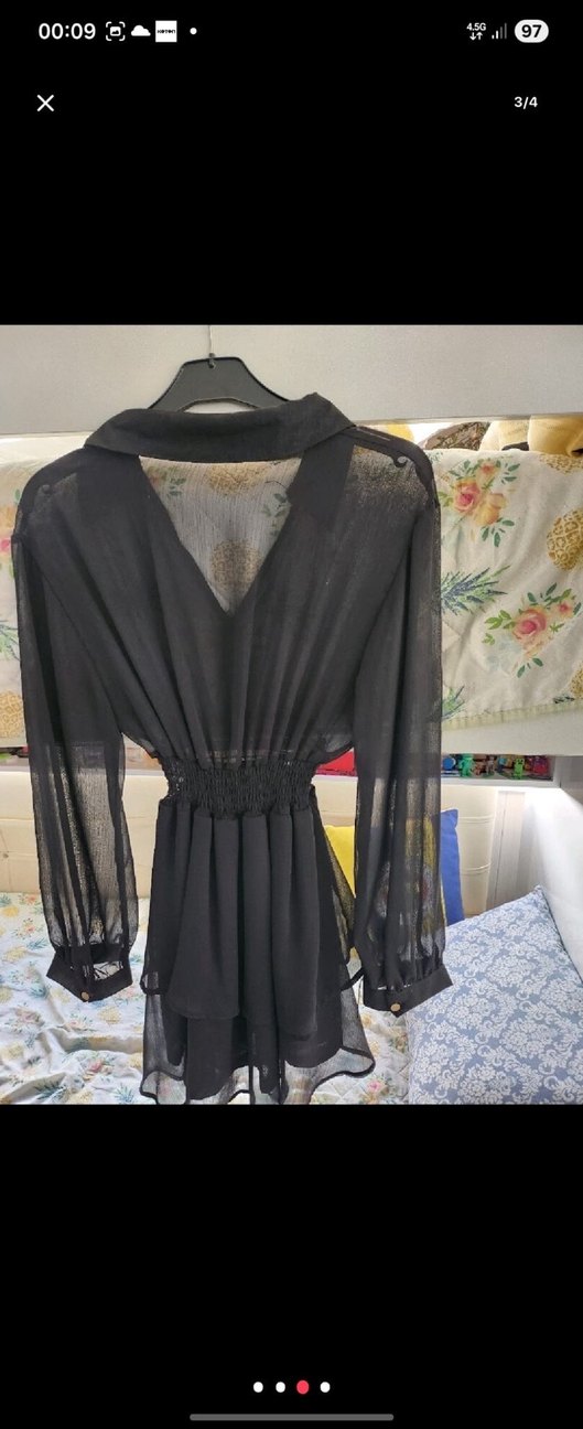 Düğmeli Siyah Uzun Kollu Tül Elbise - Görsel 2