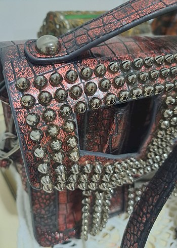  Beden bordo Renk Bordo Yılan Desenli Deri Punk Çanta
