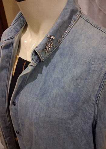 Düğmeli Mavi Denim Kadın Gömlek - Görsel 4