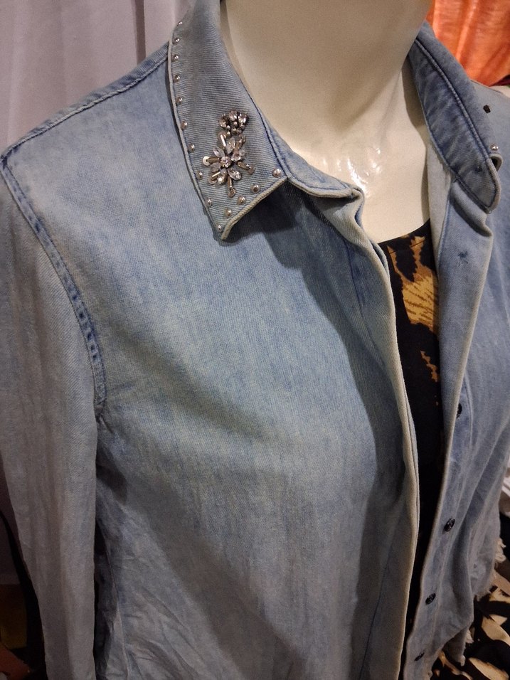 Düğmeli Mavi Denim Kadın Gömlek - Görsel 5