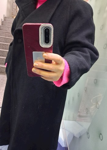 siyah üçgen kalıp yün palto kaban - Görsel 8