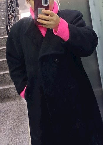 siyah üçgen kalıp yün palto kaban - Görsel 15