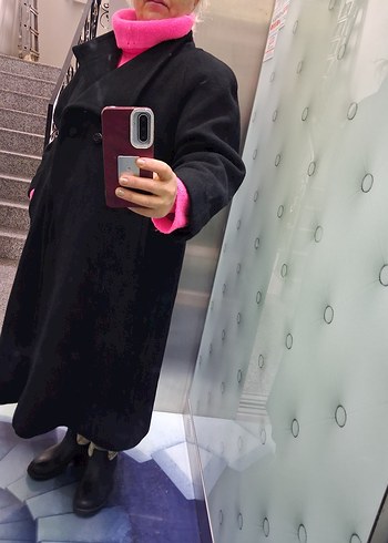 siyah üçgen kalıp yün palto kaban - Görsel 5