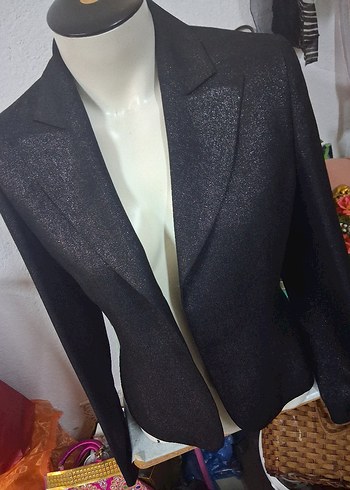 Siyah Parlak Kadın Ofis Blazeri ceket. - Görsel 4