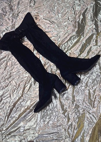 Siyah Süet Tokalı Kadın Bot çorap tarzında Zarif . - Görsel 4