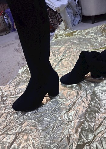 Siyah Süet Tokalı Kadın Bot çorap tarzında Zarif . - Görsel 9
