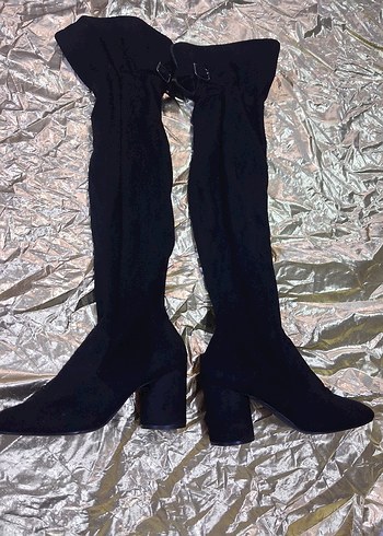 Siyah Süet Tokalı Kadın Bot çorap tarzında Zarif . - Görsel 6