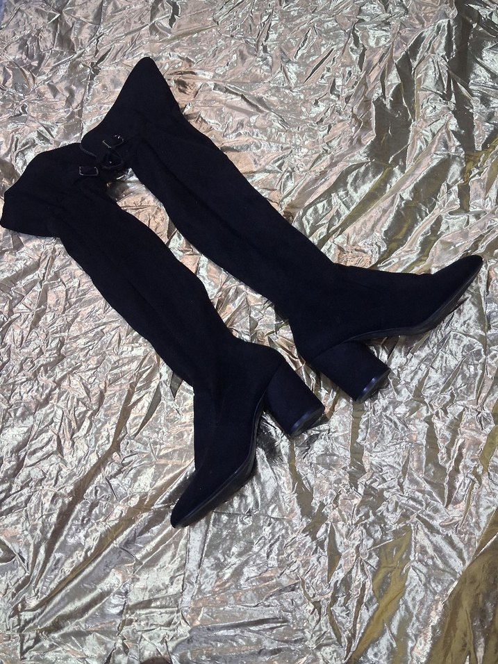 Siyah Süet Tokalı Kadın Bot çorap tarzında Zarif . - Görsel 4