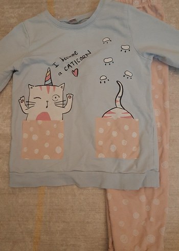 5 Yaş Beden gri Renk Kız Çocuk Gri Pamuklu Uzun Kollu Pijama Takımı