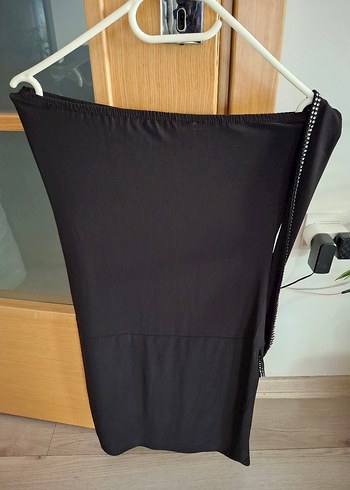 Taşlı Drapeli Siyah Midi Straplez Elbise - Görsel 4