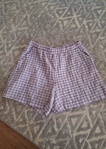 Linen Mor Kareli Mini Şort