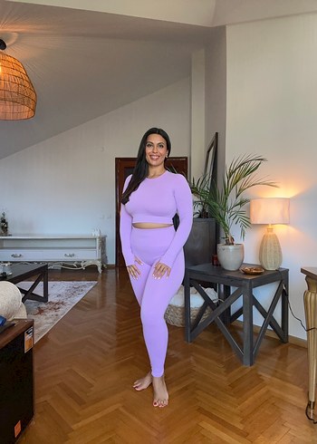 Lila ikili spor takım, gym yoga tayt takımı - Görsel 5