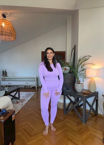 Lila ikili spor takım, gym yoga tayt takımı - Görsel 7