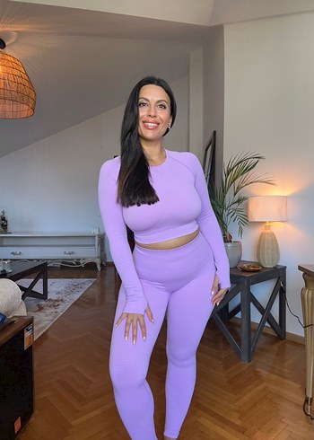 Lila ikili spor takım, gym yoga tayt takımı - Görsel 4