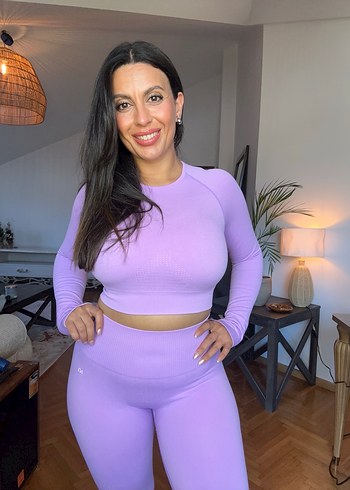 Lila ikili spor takım, gym yoga tayt takımı - Görsel 13