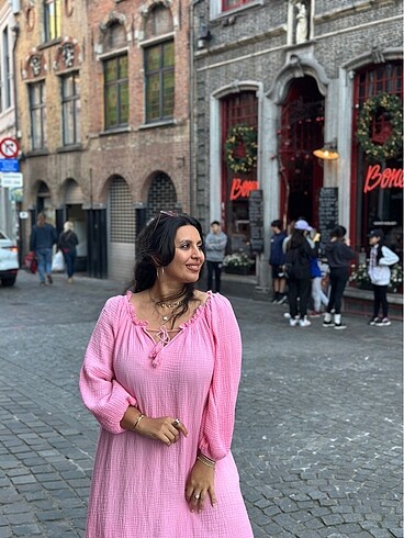 Müslin kumaş, pembe elbise. Tek beden - Görsel 12