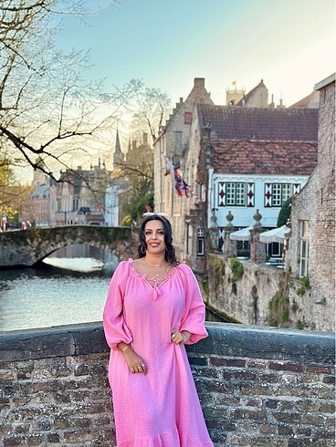 Müslin kumaş, pembe elbise. Tek beden