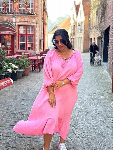 Müslin kumaş, pembe elbise. Tek beden - Görsel 10