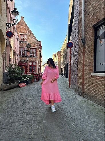 Müslin kumaş, pembe elbise. Tek beden - Görsel 8