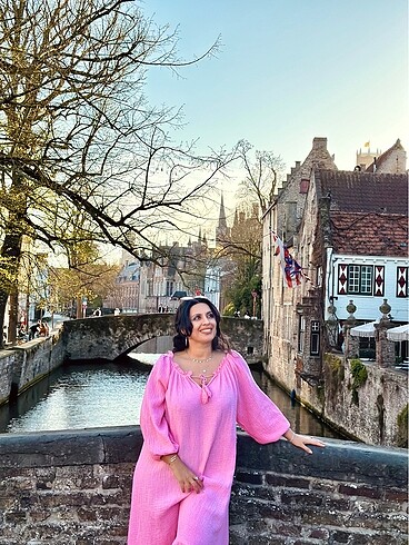 Müslin kumaş, pembe elbise. Tek beden - Görsel 14