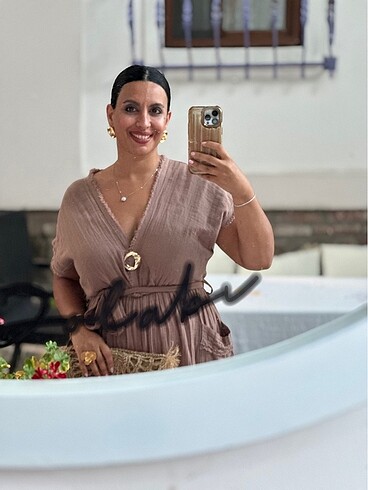 Müslin kumaş vizon kahve elbise - Görsel 12