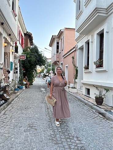 Müslin kumaş vizon kahve elbise - Görsel 7