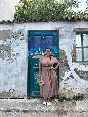 Müslin kumaş vizon kahve elbise - Görsel 8