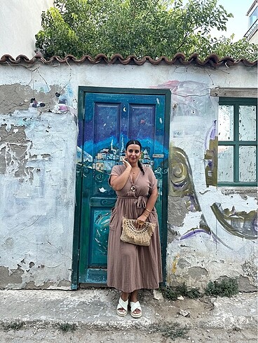 Müslin kumaş vizon kahve elbise - Görsel 9