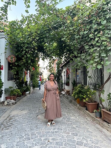 Müslin kumaş vizon kahve elbise - Görsel 11