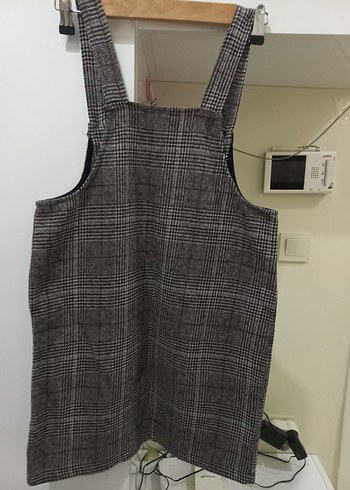 Kızlar için Ekose Desenli Kemerli Gri Salopet - Görsel 5