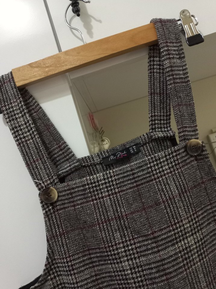 Kızlar için Ekose Desenli Kemerli Gri Salopet - Görsel 2