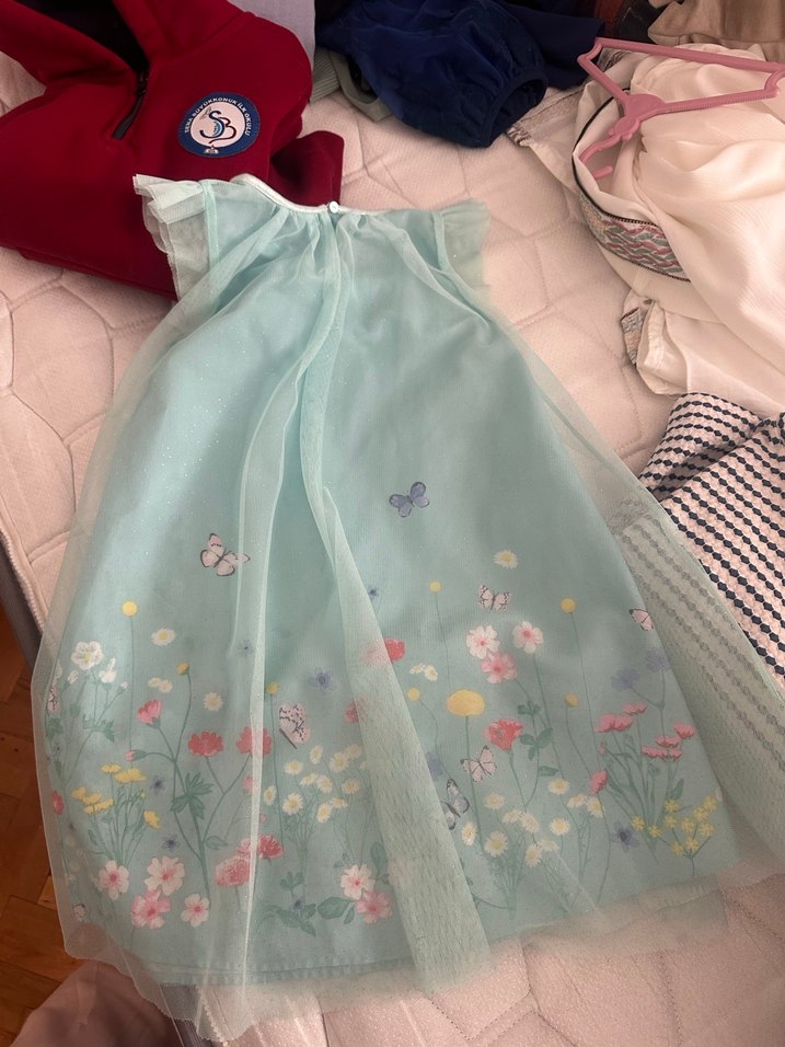 Kız Çocuk Mavi Nakışlı Fırfırlı Elbise - Görsel 3