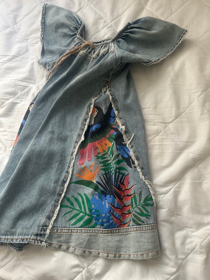 Nakışlı Bohem Denim Kız Elbisesi kot elbise - Görsel 3